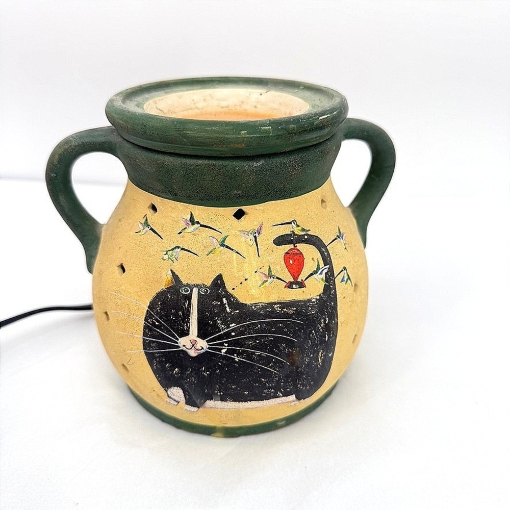 Ceramic Electric Bean Pot Melting Wax Warmer Black Cat Hummingbird Folk Art